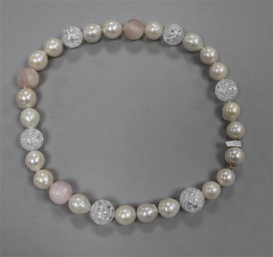 A large cultured pearl, rose quartz and glass bead necklace, 48cm.